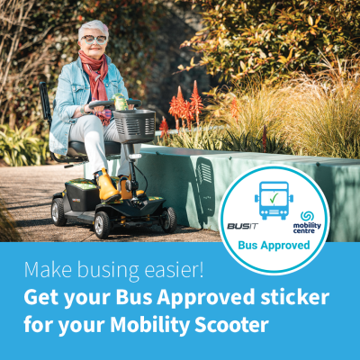 Woman riding mobiity scooter with BUSIT sticker by Mobility Centre with graphic bus icon and a green tick.