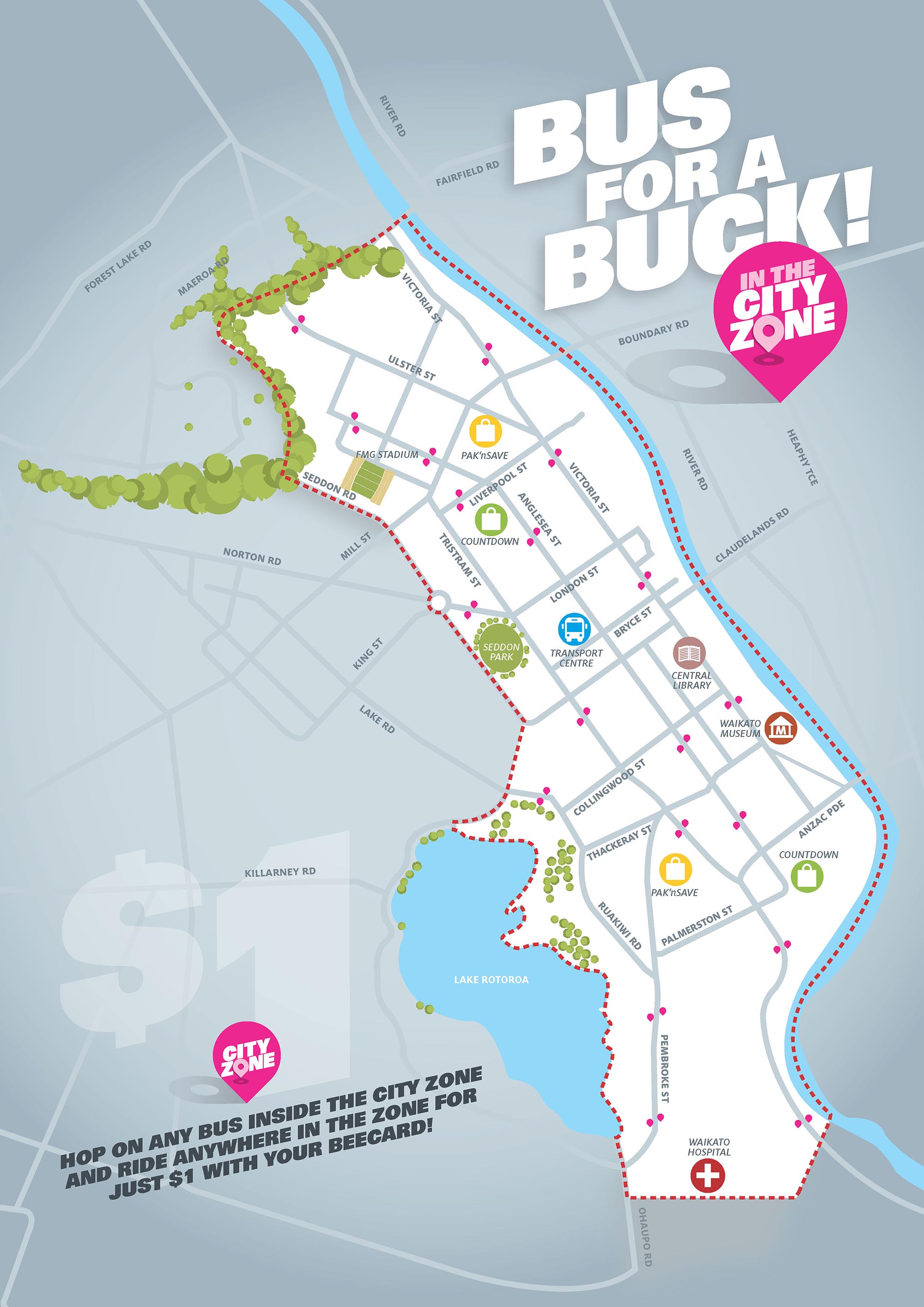 Bus for a buck in the central city zone - map showing outlines of the area